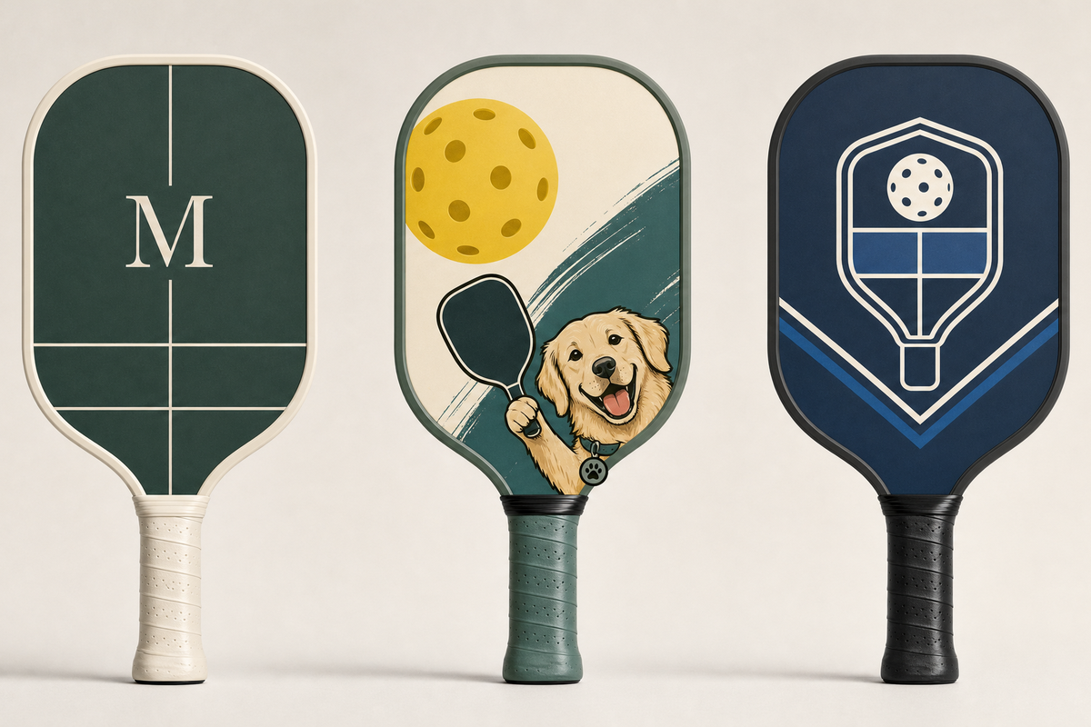 Custom pickleball paddle design concepts using simple clip art motifs