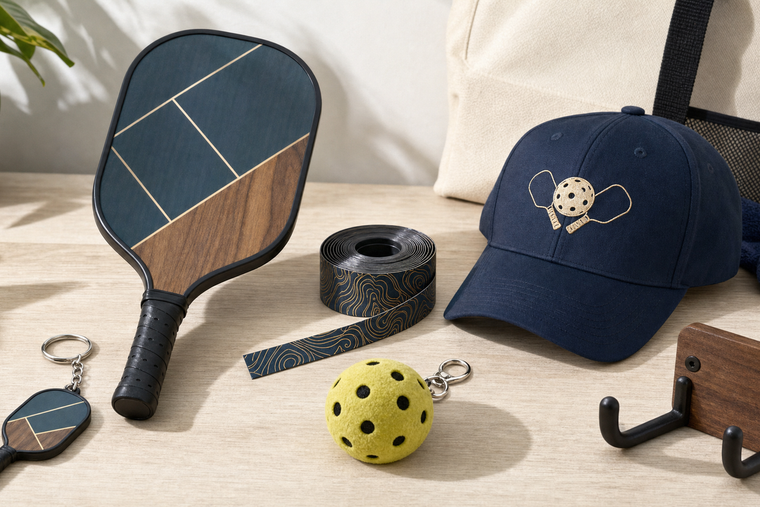 Personalized pickleball gift ideas arranged around a custom paddle, edge tape, keychains, hat, and display hook