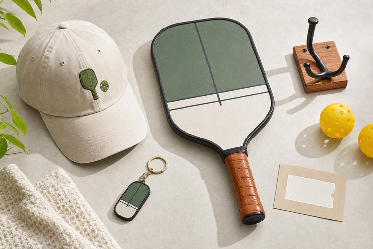 A curated flat lay of pickleball accessories gifts including a custom paddle, keychain, cap, and display hook