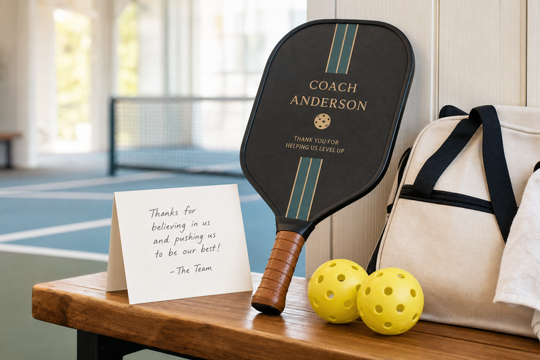 Custom pickleball paddle gift shown beside a handwritten coach thank-you card and court accessories