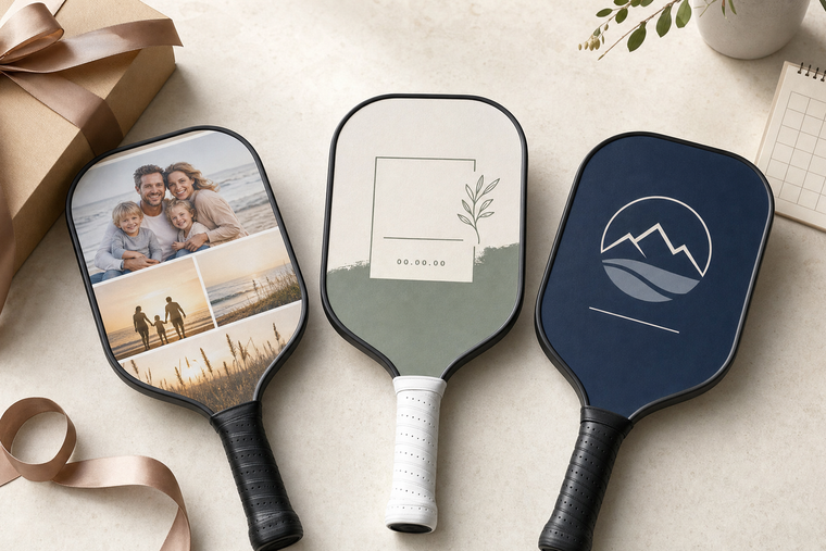 Custom pickleball paddle design options showing photo, name, logo, and gift timing decisions
