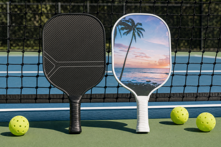 Carbon fiber vs fiberglass custom pickleball paddle comparison with two paddles on a court