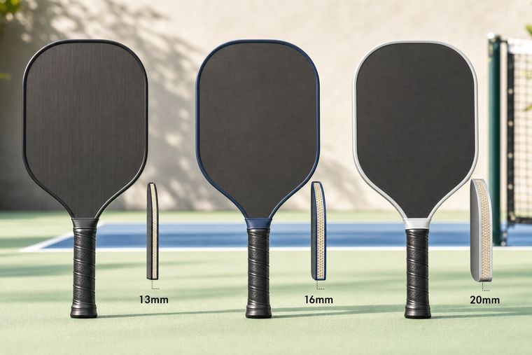 13mm, 16mm, and 20mm custom pickleball paddles shown side by side to compare thickness profiles