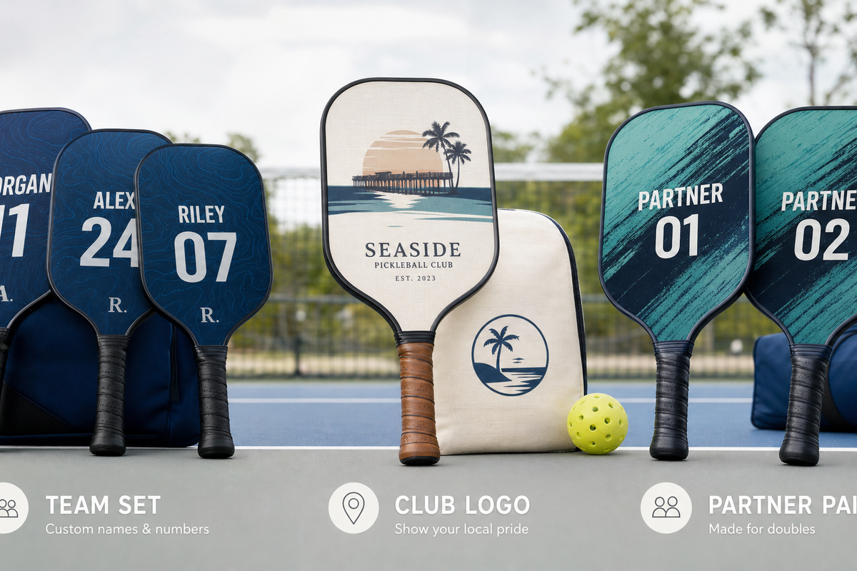 Custom pickleball paddle ideas for a team, club, and doubles pair shown as a clean comparison layout
