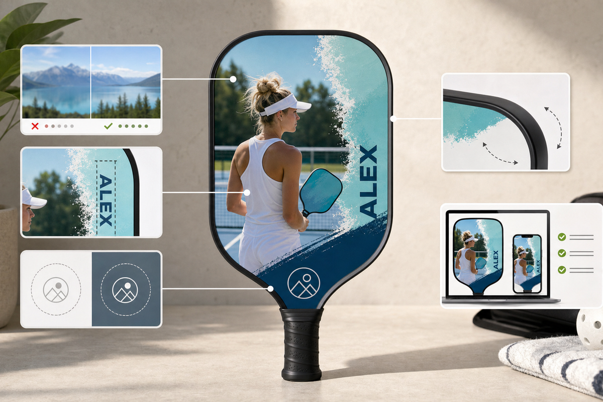 Custom pickleball paddle artwork proof showing photo, name, logo, and safe edge placement checks