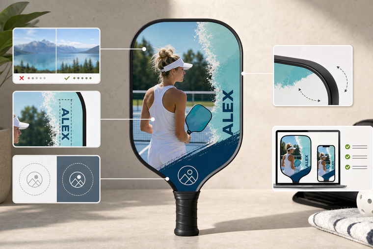 Custom pickleball paddle artwork proof showing photo, name, logo, and safe edge placement checks