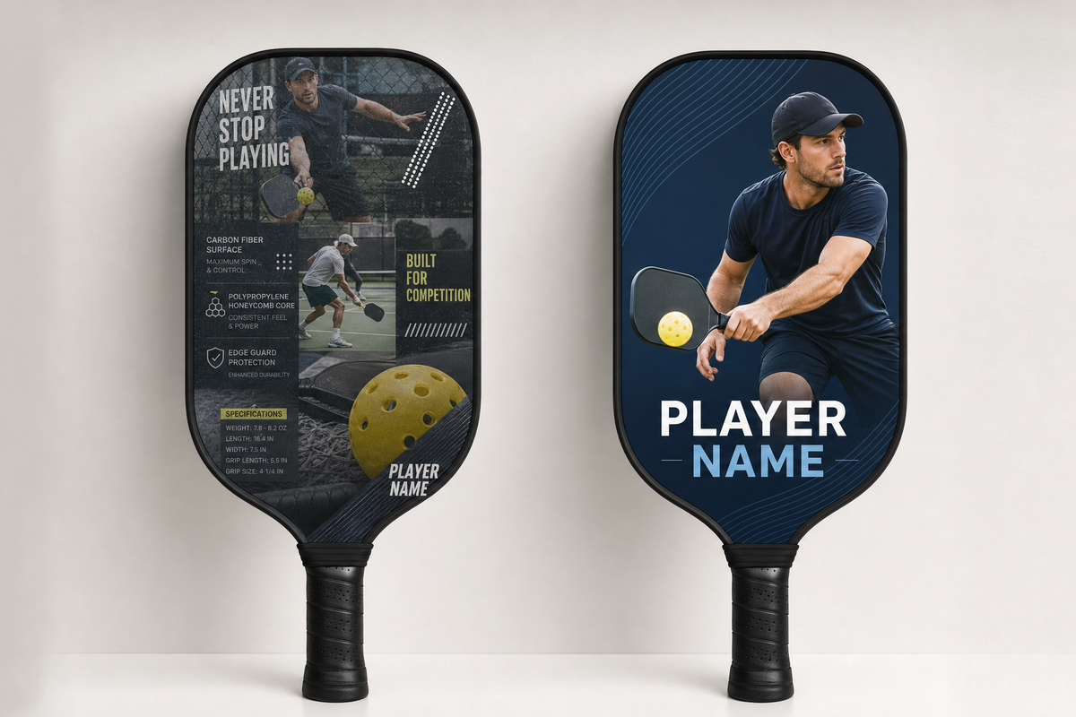 Side-by-side comparison of a cluttered custom pickleball paddle design and a clean print-ready paddle design