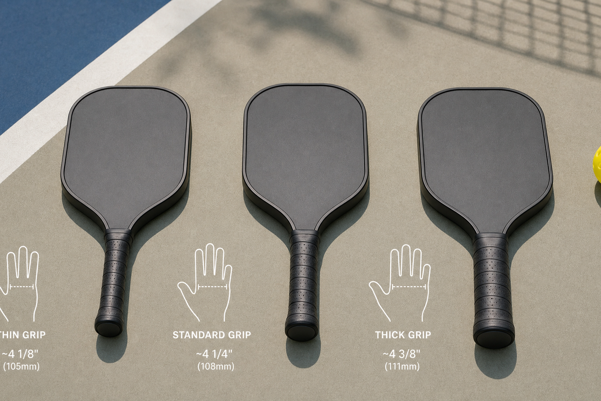 Comparison of different pickleball paddle grip sizes and hand positions