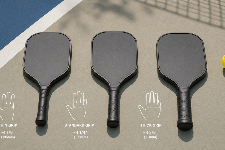 Comparison of different pickleball paddle grip sizes and hand positions