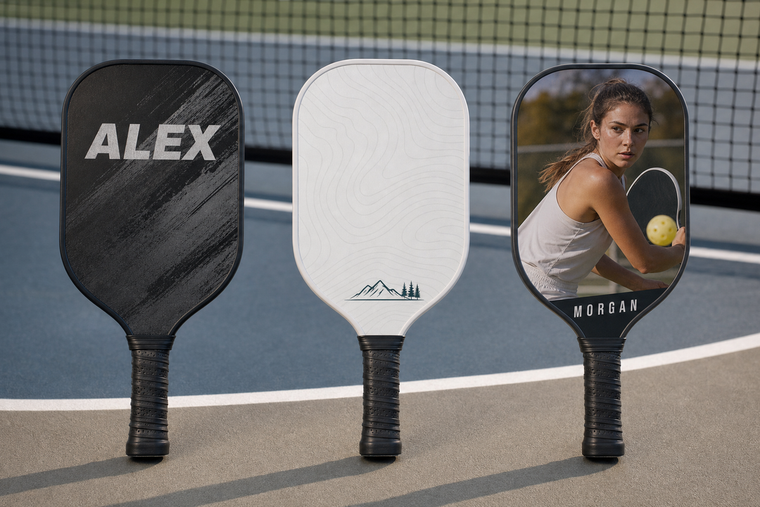 Three custom pickleball paddle layout examples showing name-first, logo-first, and photo-first placement options.