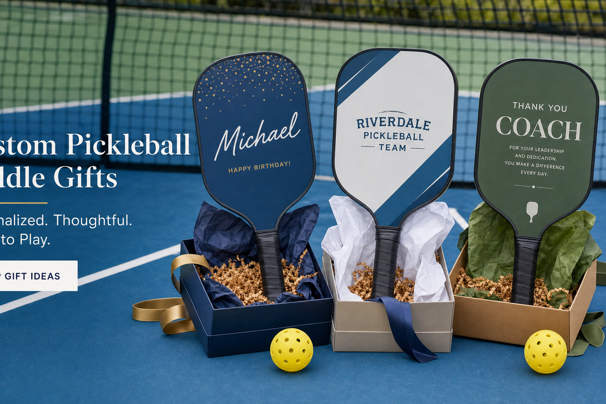 Best custom pickleball paddle gifts for birthdays teams and coaches arranged on a court