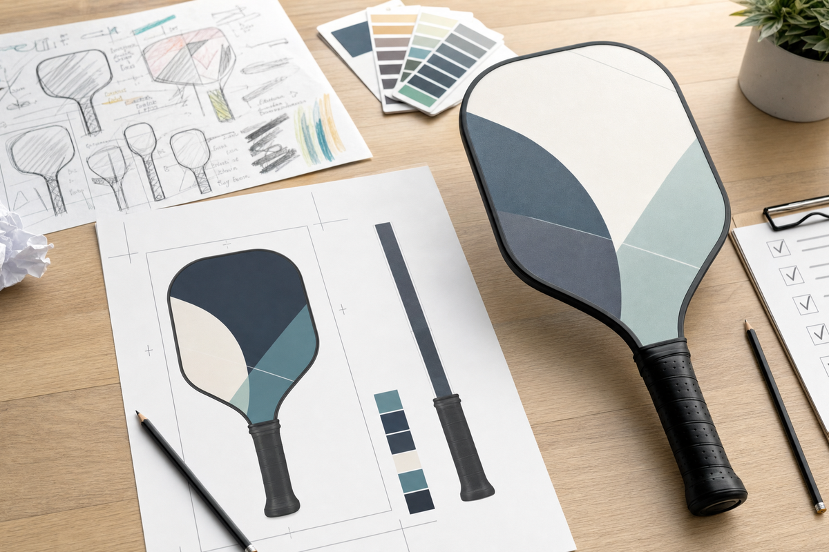 Custom pickleball paddle artwork checklist showing photo, text, safe area, and finished paddle comparison