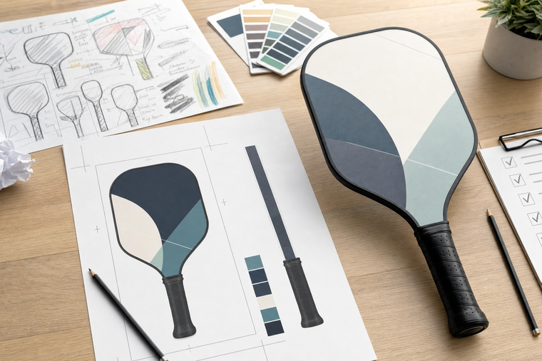 Custom pickleball paddle artwork checklist showing photo, text, safe area, and finished paddle comparison