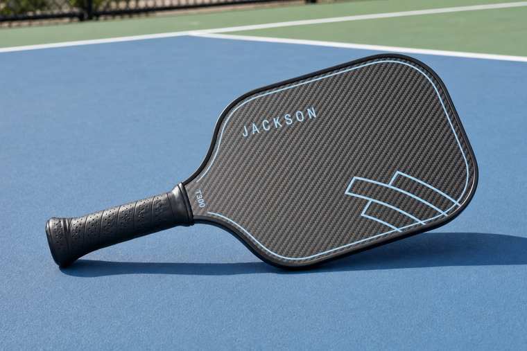 T300 carbon fiber custom pickleball paddle with clean personalized design on a court
