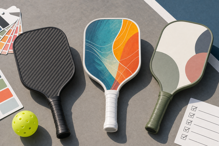 Custom pickleball paddle buying guide showing material samples, artwork options, edge tape, and protection choices