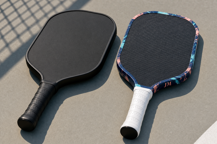 Comparison of plain pickleball paddle edge tape and custom full-graphic edge wrap on paddles