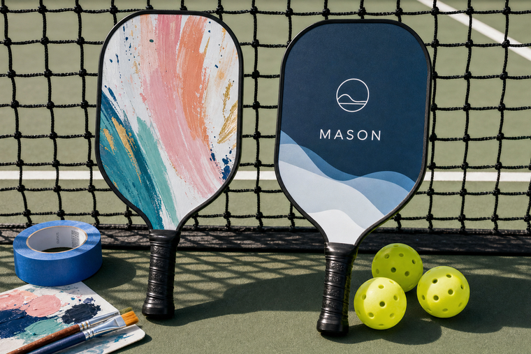 Side-by-side comparison of a hand-painted pickleball paddle and a custom printed pickleball paddle on a clean court surface