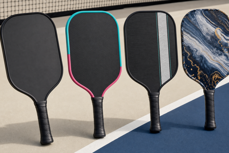 Four custom pickleball paddles showing different edge tape design ideas including clean frame, bold accent, name strip, and full graphic wrap