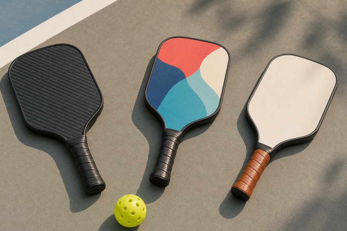Raw carbon fiber pickleball paddle next to fiberglass and custom design samples
