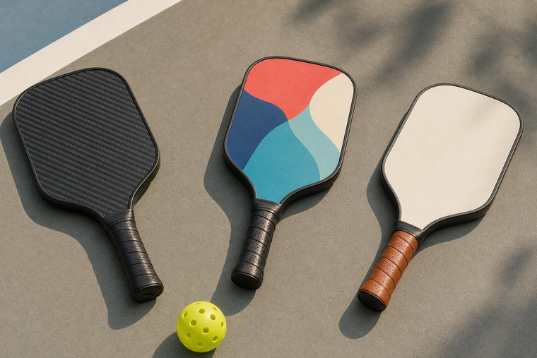 Raw carbon fiber pickleball paddle next to fiberglass and custom design samples