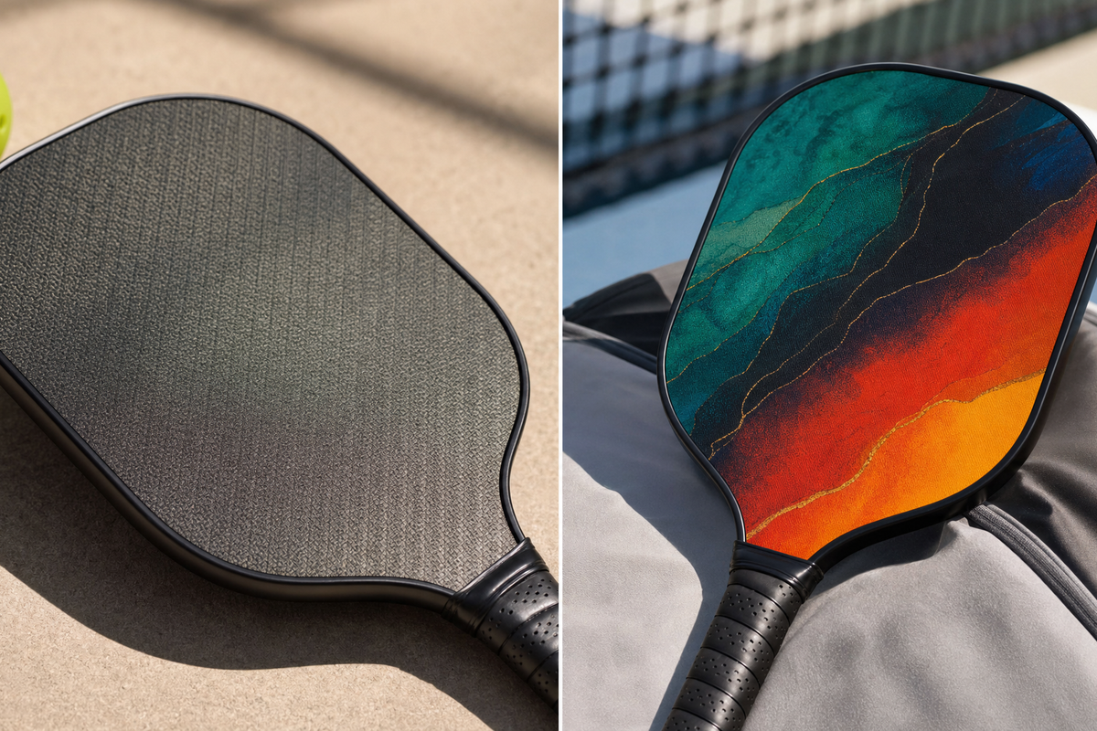 Close-up comparison of pickleball paddle surface texture and custom artwork