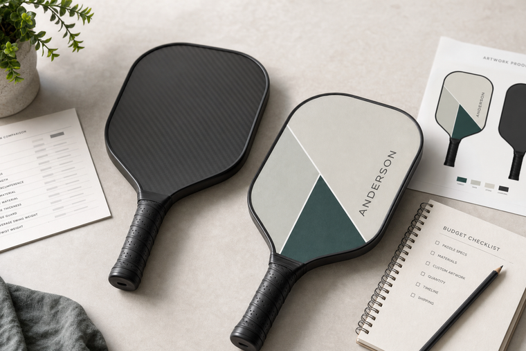 Cheap carbon fiber stock paddle beside a personalized custom pickleball paddle under a $100 budget concept