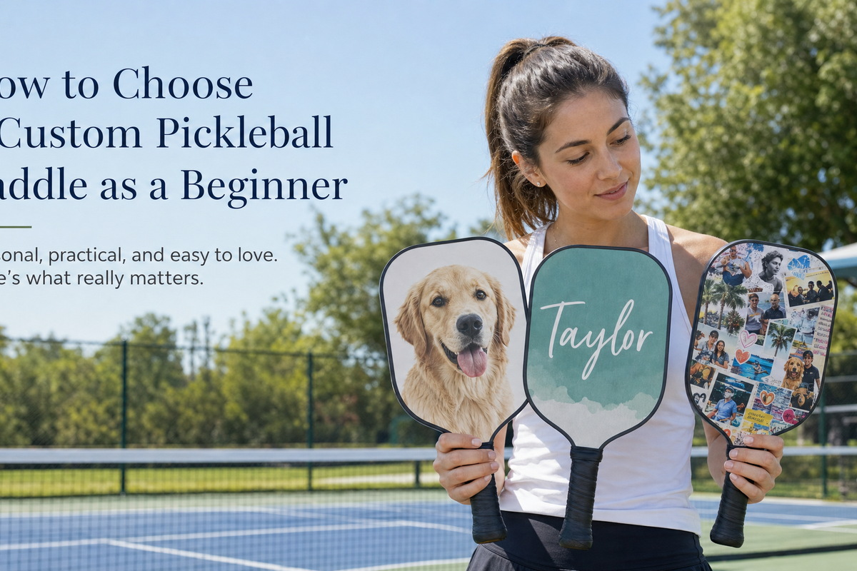Beginner comparing simple custom pickleball paddle designs with a name and photo