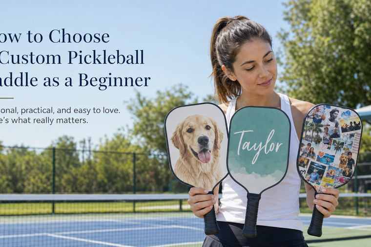 Beginner comparing simple custom pickleball paddle designs with a name and photo
