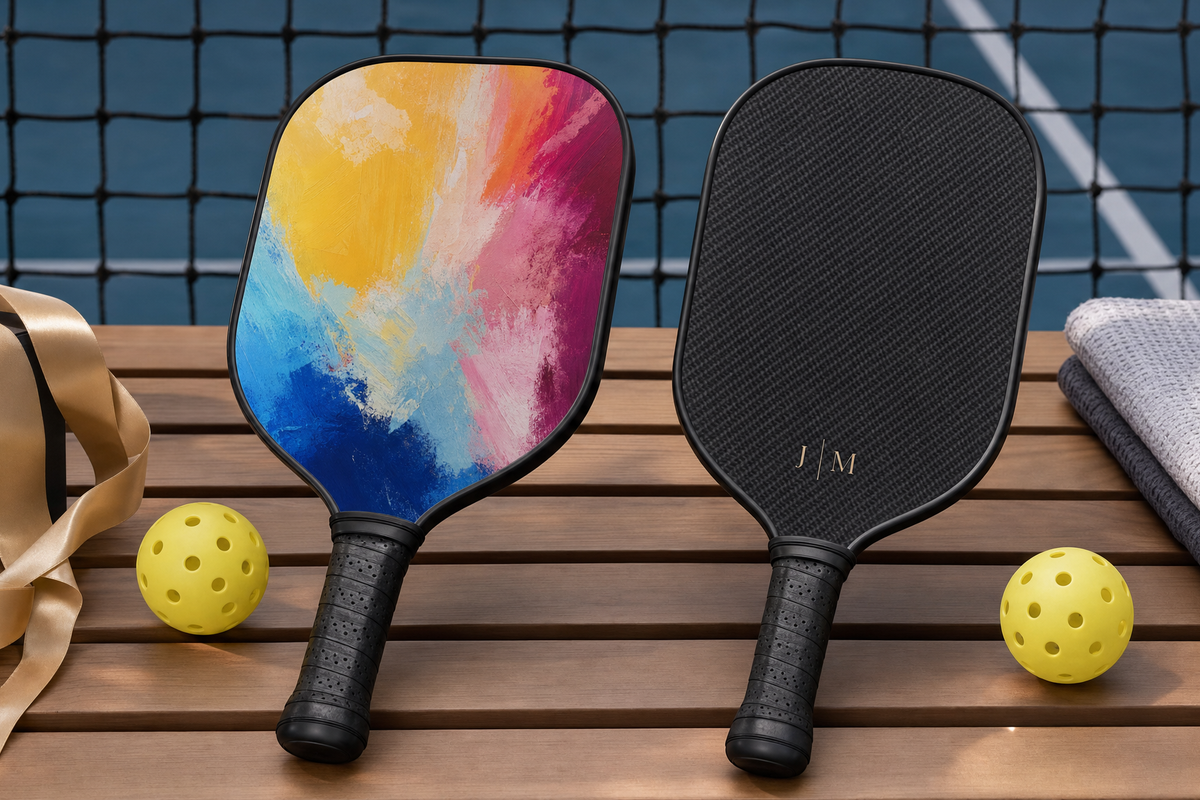 Fiberglass and carbon fiber custom pickleball paddles displayed side by side as gift options