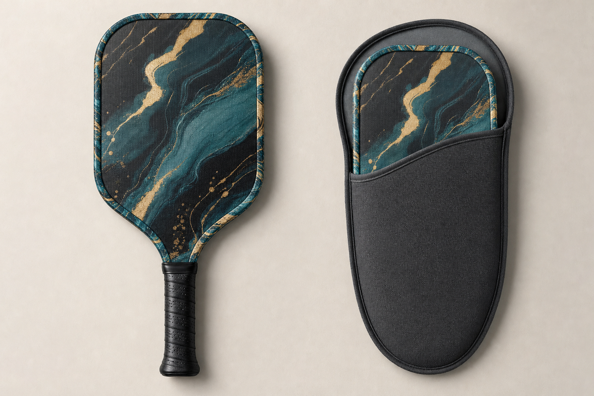 Custom pickleball paddle shown with graphic edge tape beside a fitted paddle cover