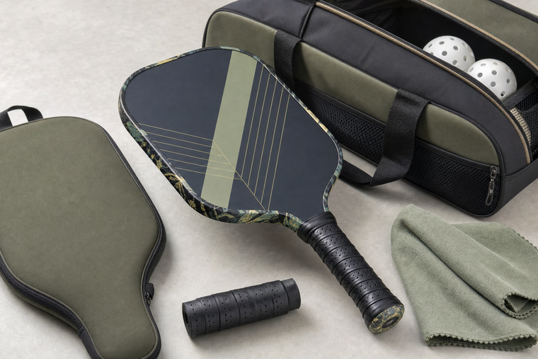 Custom pickleball paddle with edge tape, fitted cover, bag, grip supplies, and soft cleaning cloth