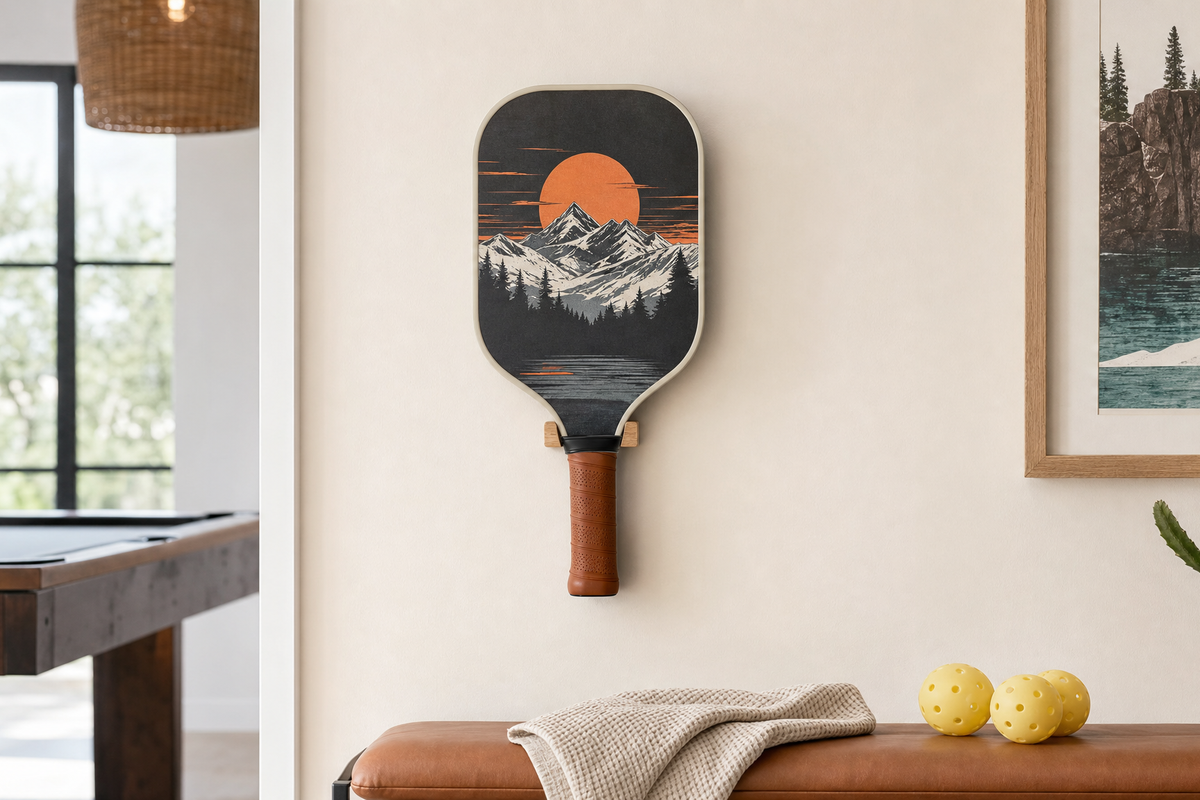 Custom pickleball paddle displayed vertically on a clean game room wall