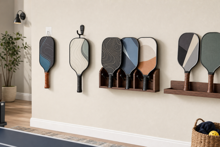 Pickleball paddles displayed using several wall mount formats in a clean home recreation room