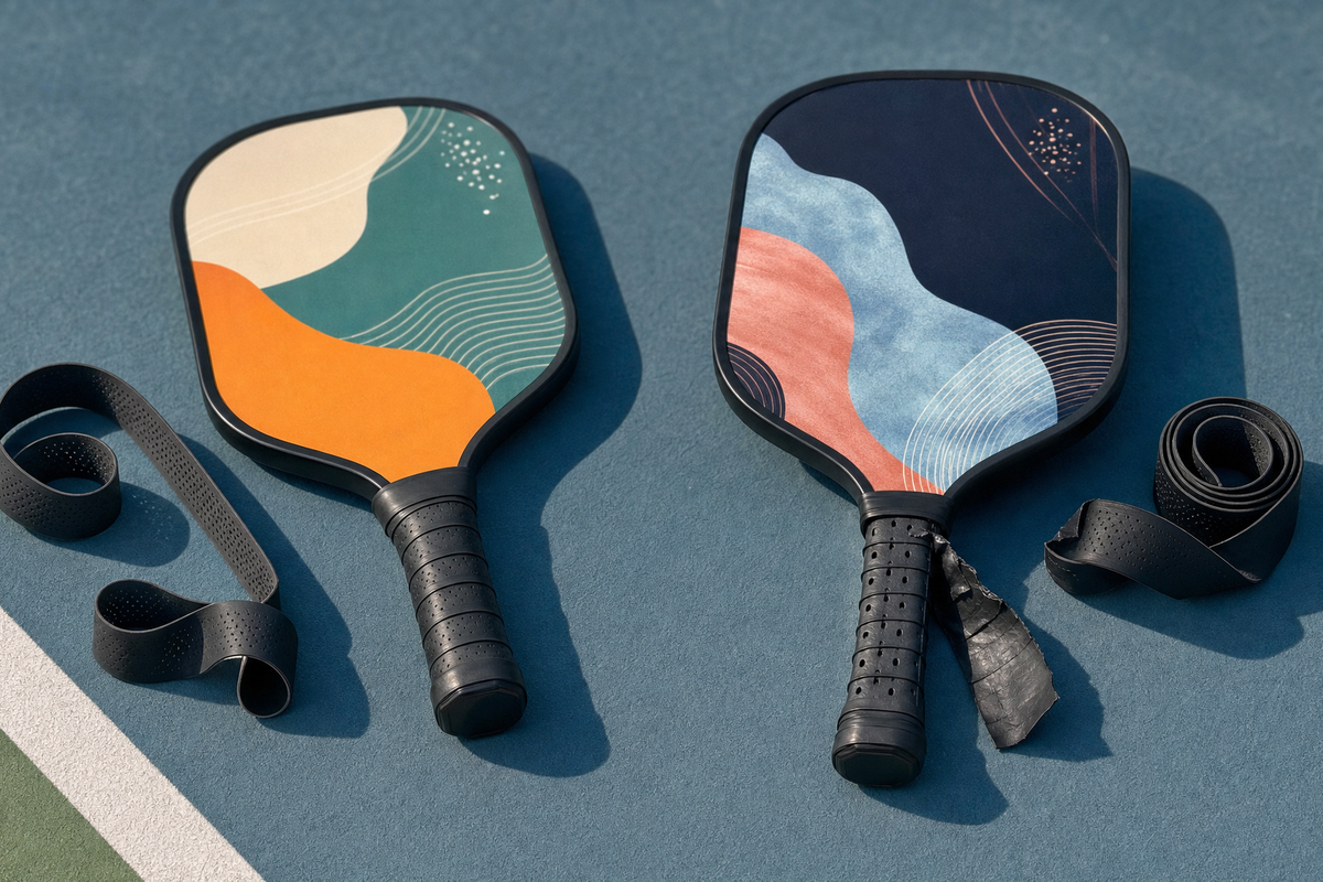 Custom pickleball paddle shown with an overgrip beside a paddle with its primary replacement grip exposed