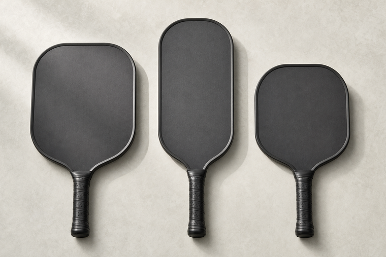 Standard, elongated, and widebody custom pickleball paddle shapes shown side by side