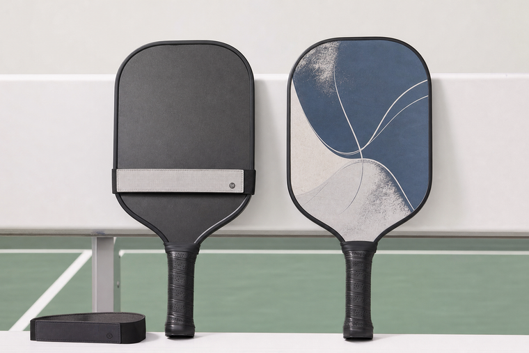 Pickleball paddle name band beside a paddle with a printed name