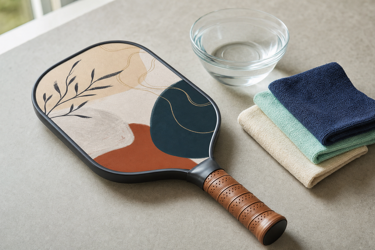 Custom pickleball paddle beside microfiber cloths for gentle cleaning