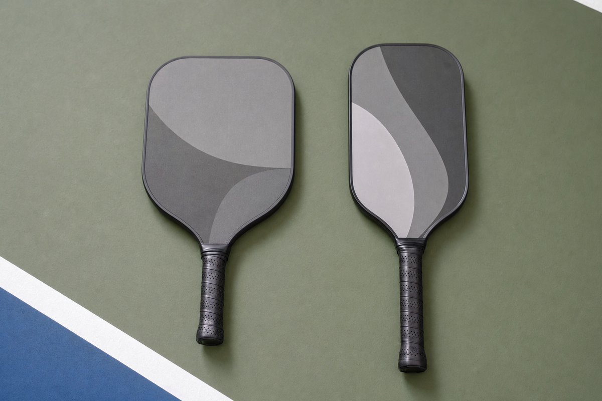 Standard and long-handle pickleball paddles compared by grip and face proportions