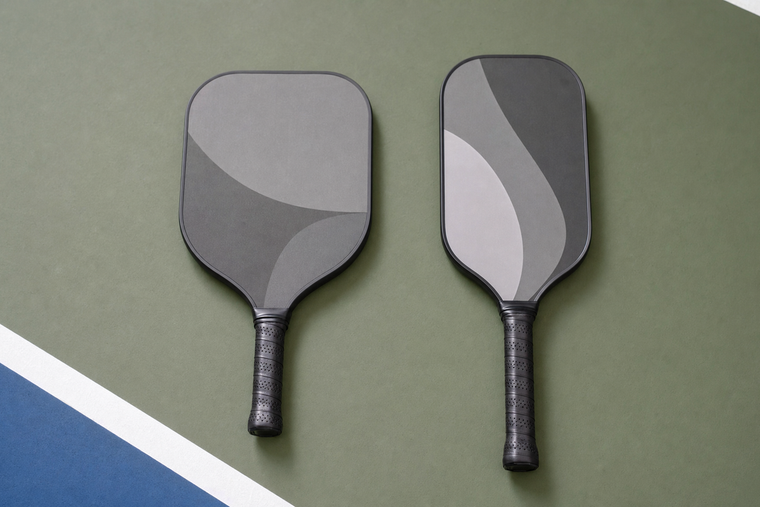 Standard and long-handle pickleball paddles compared by grip and face proportions