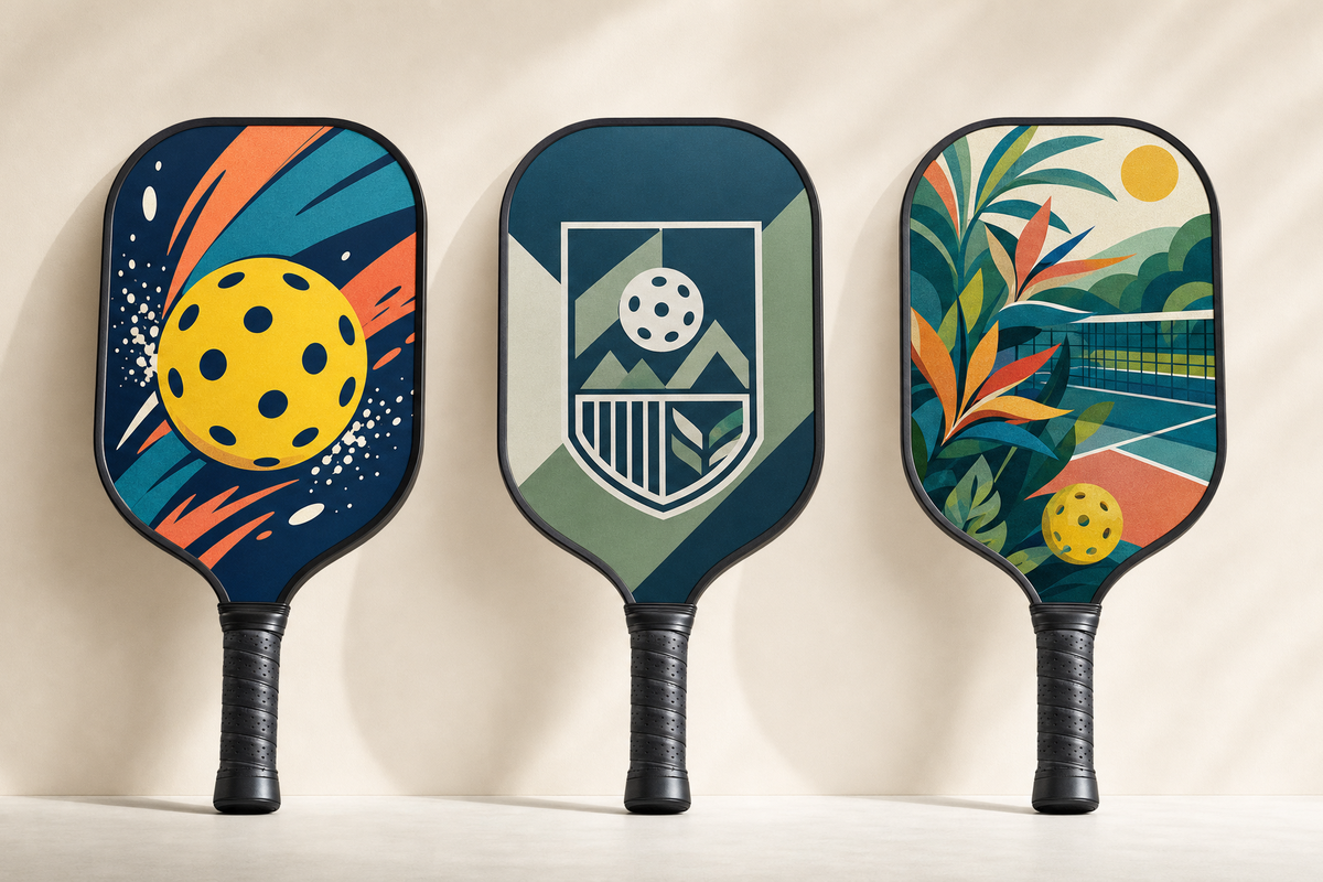 Custom pickleball paddles displaying a simple icon, a fictional club logo, and an original illustrated graphic