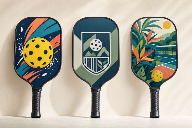 Custom pickleball paddles displaying a simple icon, a fictional club logo, and an original illustrated graphic