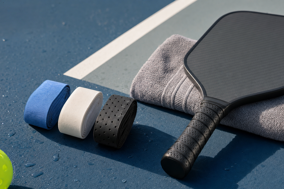 Dry, tacky, and perforated pickleball overgrips compared beside a paddle for a sweaty-hands buyer guide