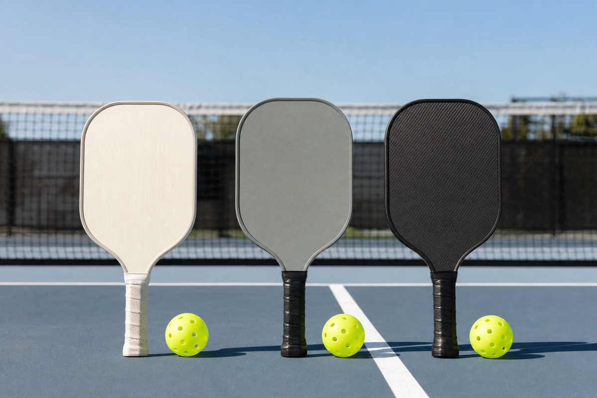 Light, midweight, and heavy custom pickleball paddle bases arranged for comparison