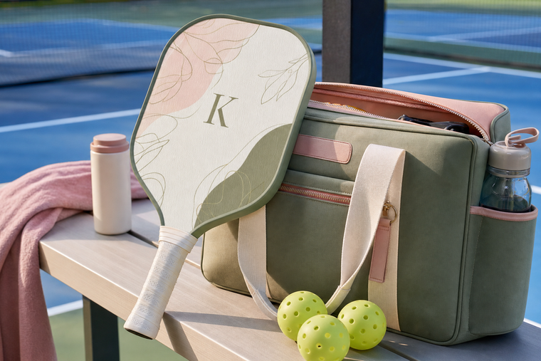 Personalized pickleball paddle displayed beside a coordinated custom pickleball bag