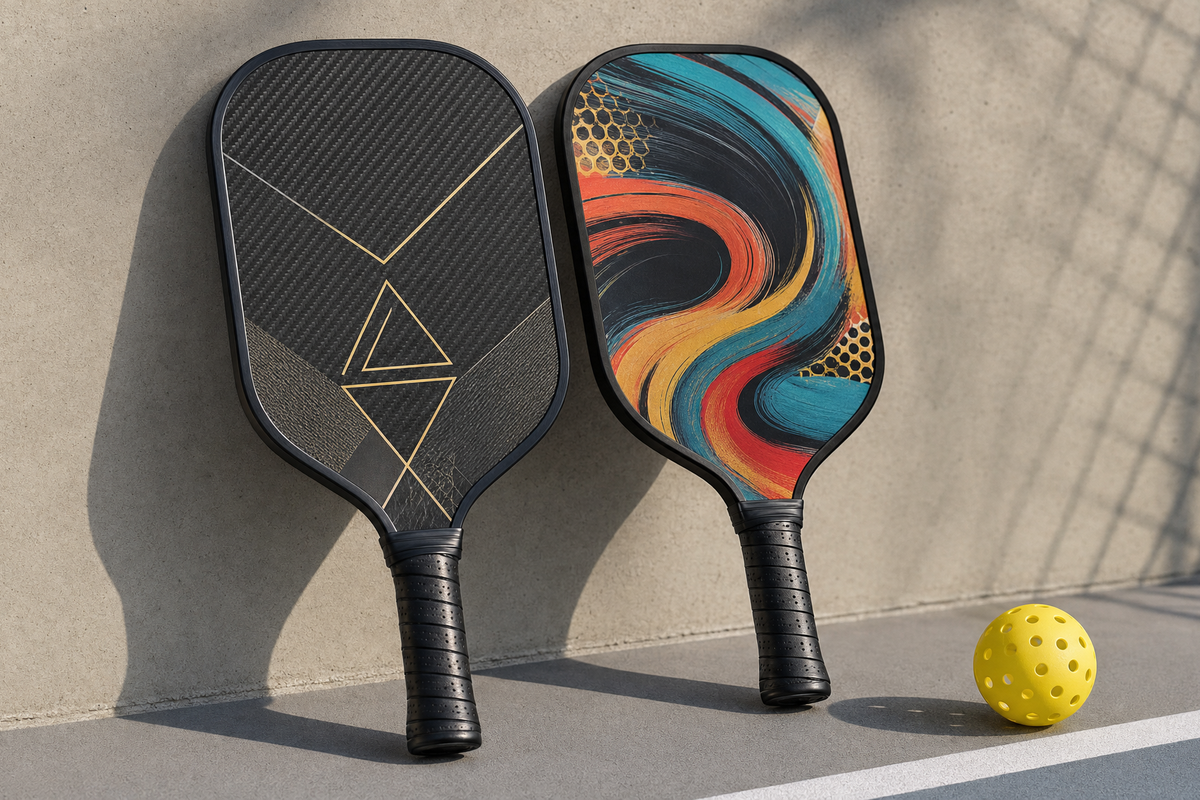 Graphite-style carbon fiber and fiberglass custom pickleball paddles shown side by side