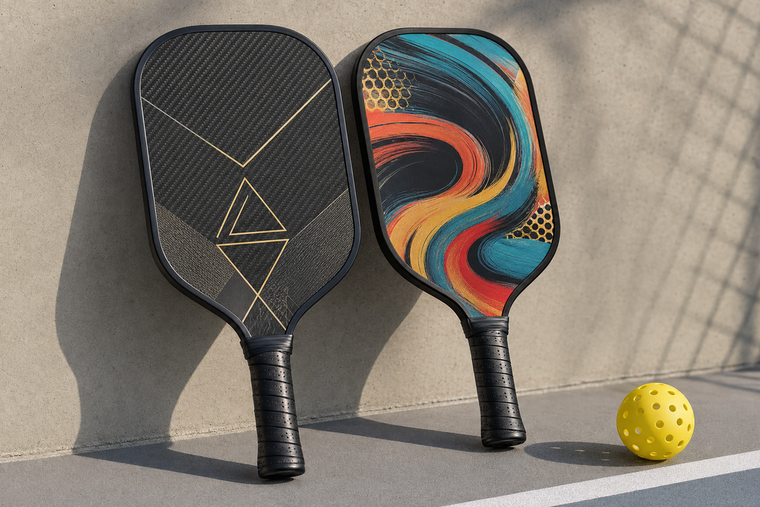 Graphite-style carbon fiber and fiberglass custom pickleball paddles shown side by side