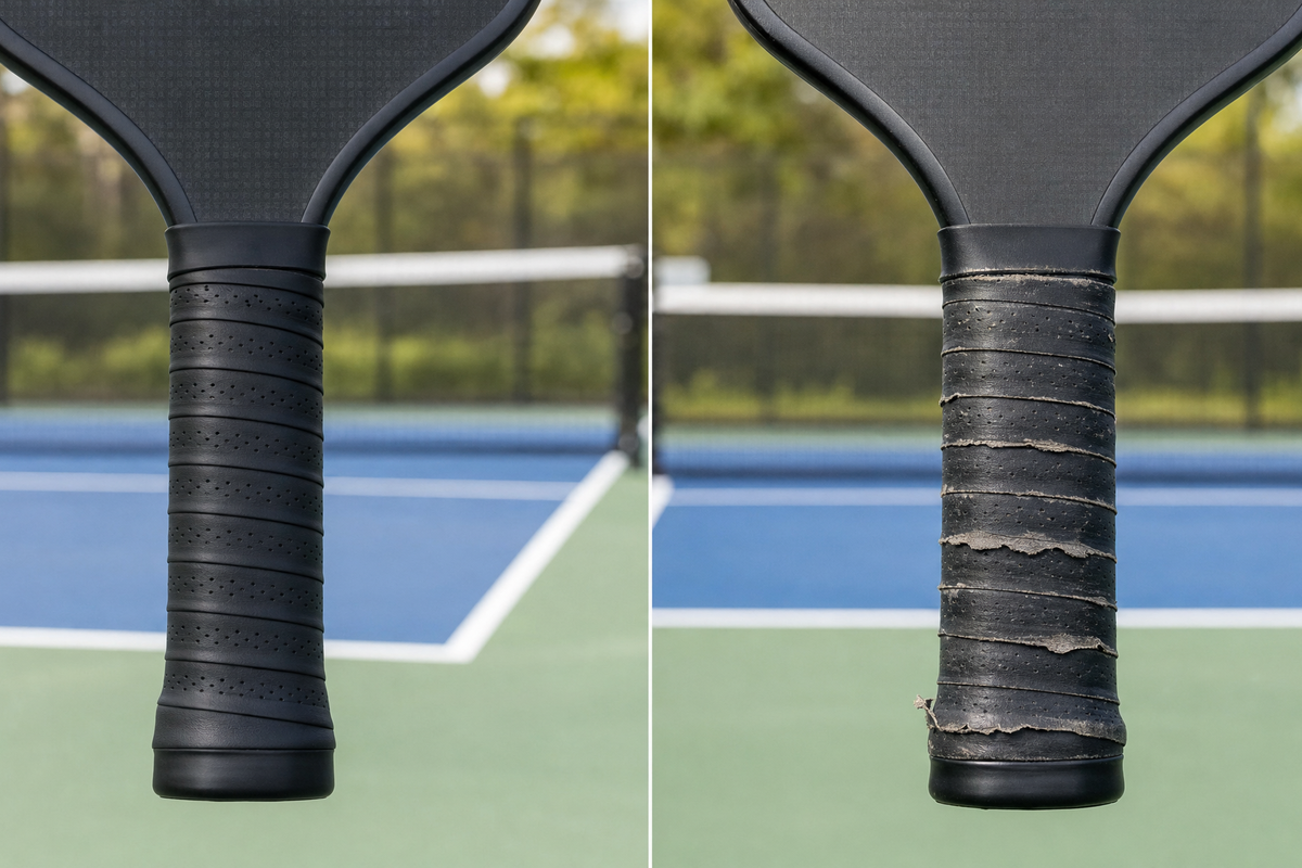 New and worn pickleball paddle grips compared side by side