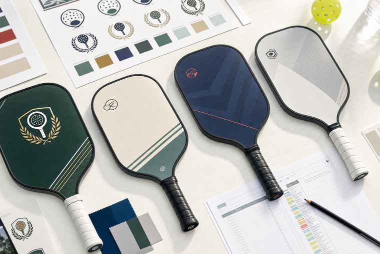 Branded pickleball paddles beside club and sponsor logo checklist materials