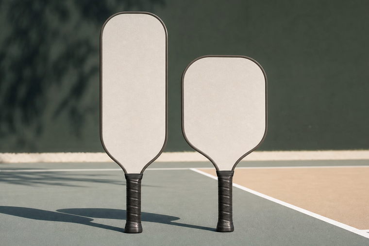 Elongated and regular pickleball paddles displayed side by side for shape comparison
