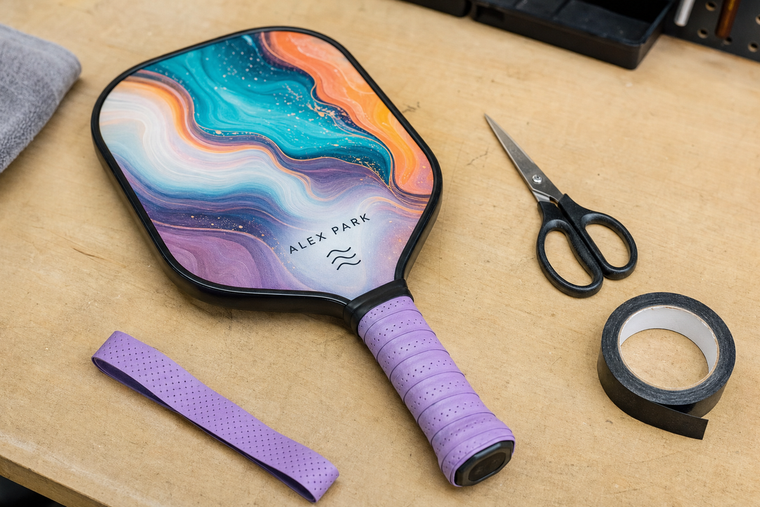 Custom pickleball paddle with a neatly wrapped overgrip ending below the printed design